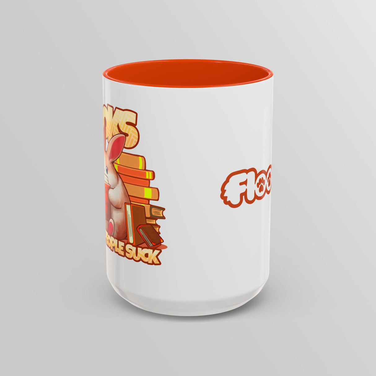 “Books, Because People Suck” Bunny Orange Accent Mug – Floofles by Brandon Ellis