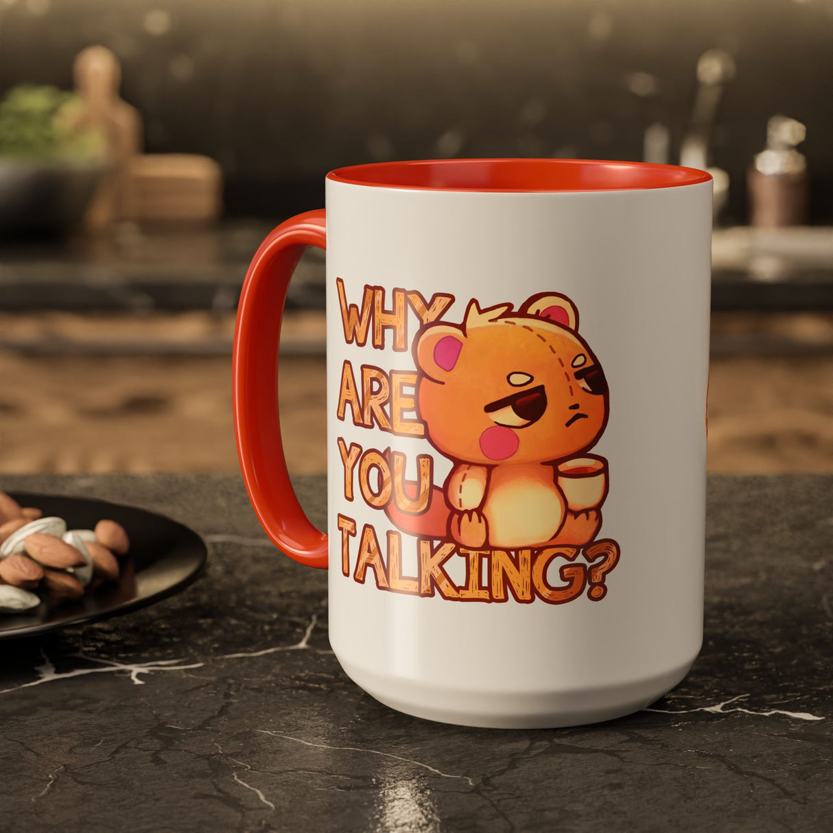“Why Are You Talking?” Grumpy Bear Orange Accent Mug – Floofles by Brandon Ellis