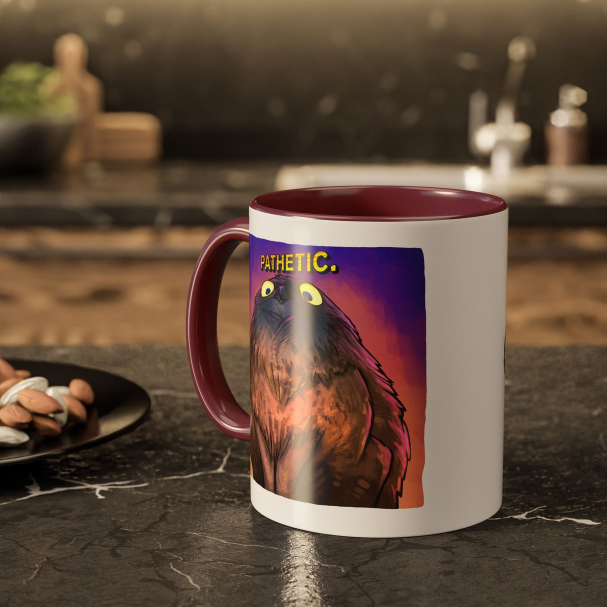 “Pathetic” Judgy Owl Maroon Accent Mug – Floofles by Brandon Ellis
