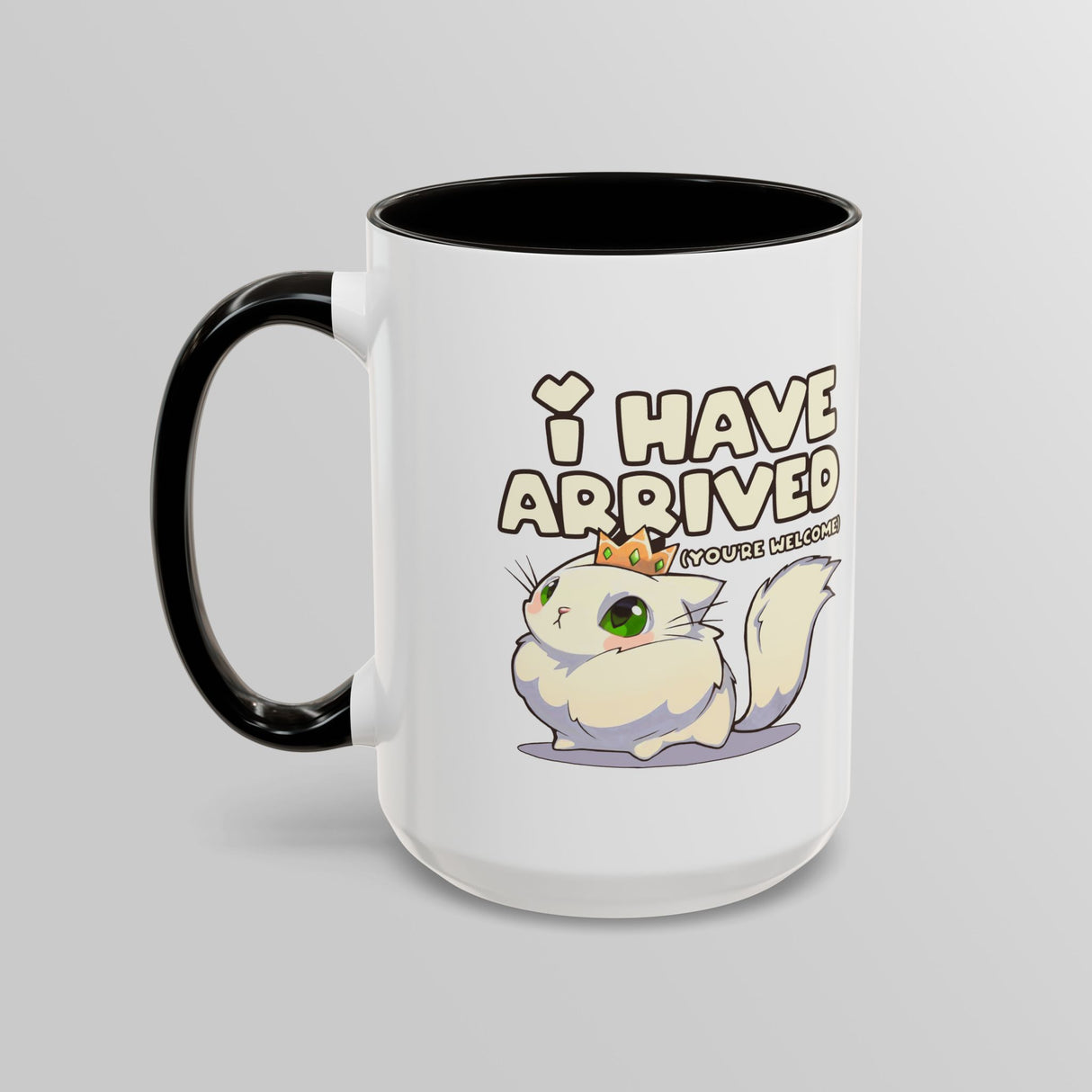 “I Have Arrived” Majestic Cat Black Accent Mug – Floofles by Brandon Ellis