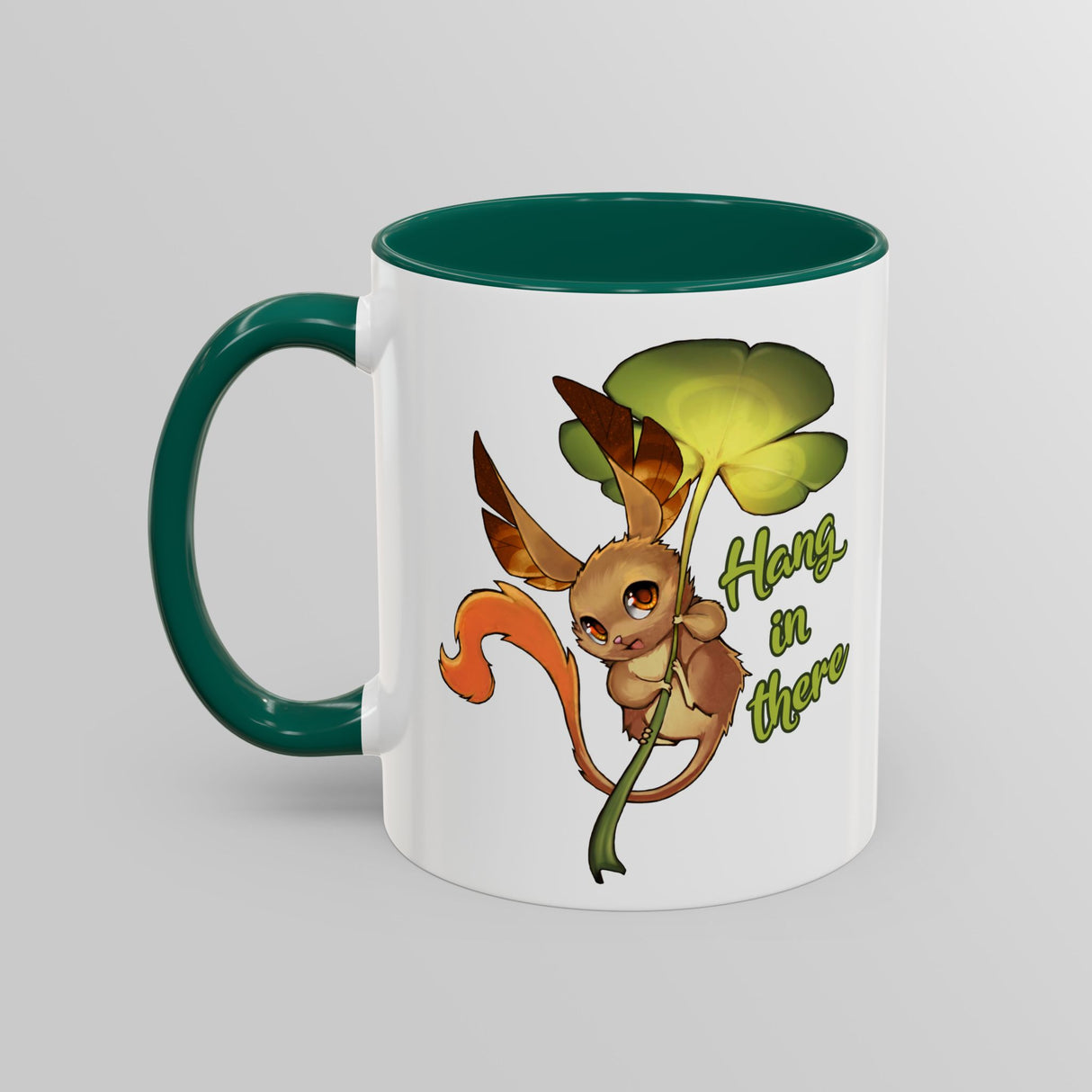 “Hang In There” Adorable Woodland Creature Green Accent Mug – Floofles by Brandon Ellis