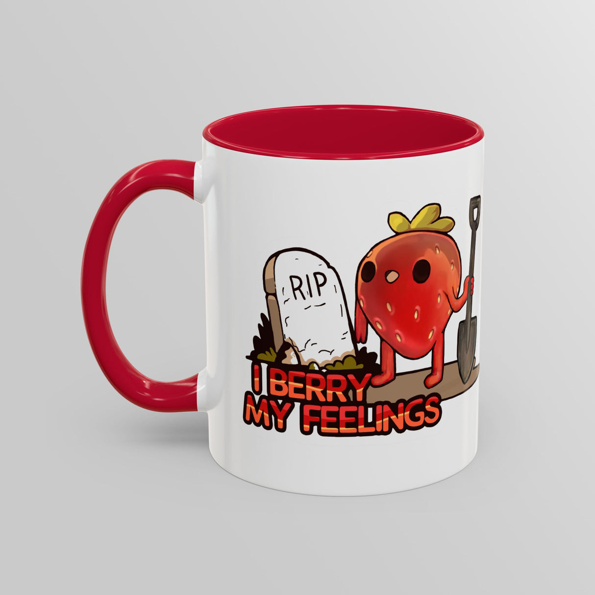 “I Berry My Feelings” Shady Strawberry Red Accent Mug – Floofles by Brandon Ellis