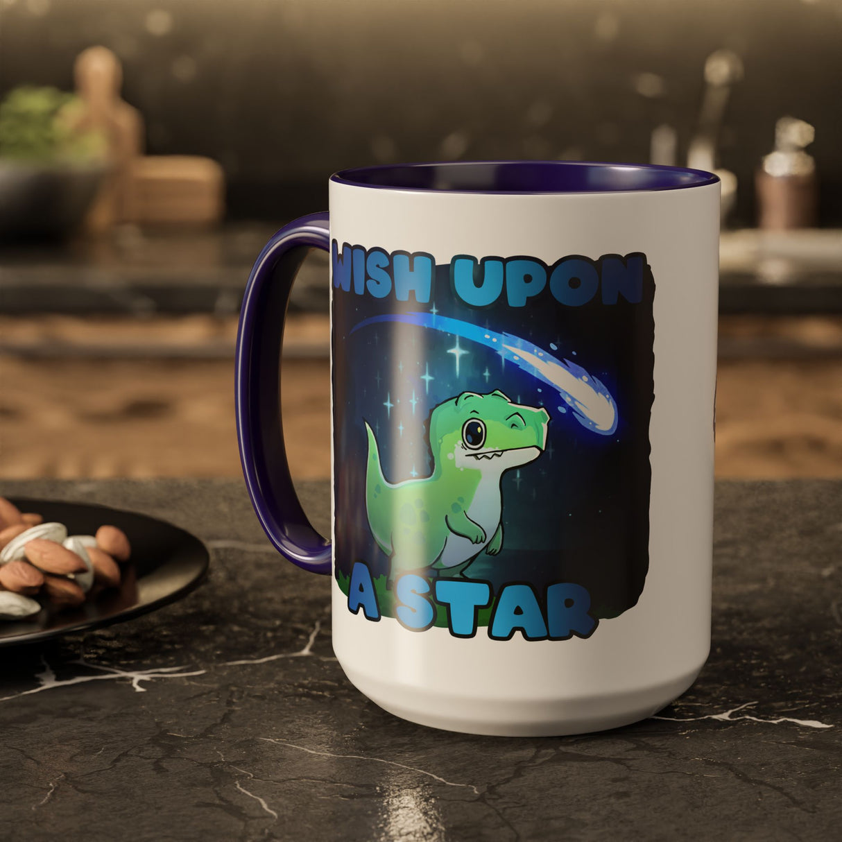 “Wish Upon a Star” Cute Dinosaur Blue Accent Mug – Floofles by Brandon Ellis