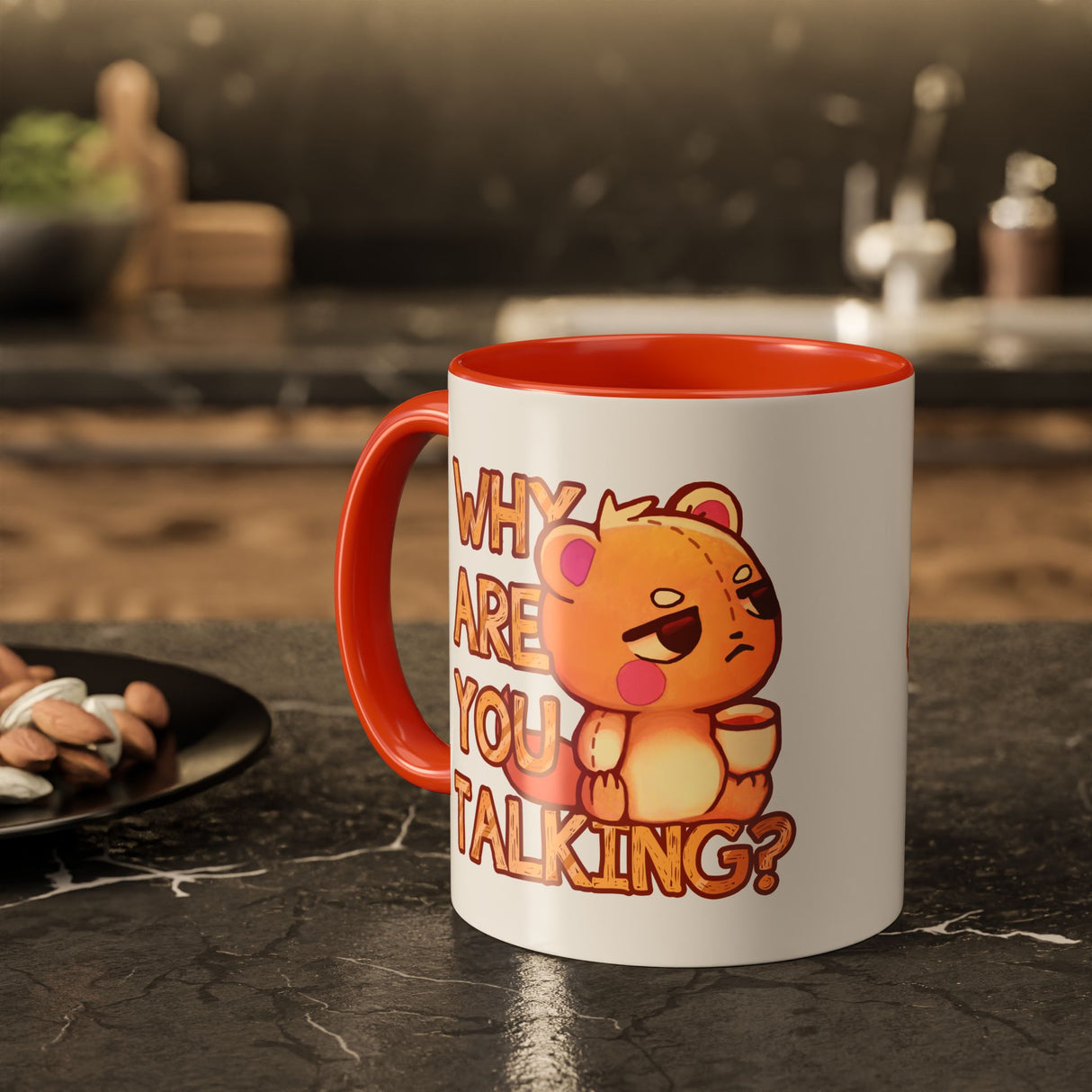 “Why Are You Talking?” Grumpy Bear Orange Accent Mug – Floofles by Brandon Ellis