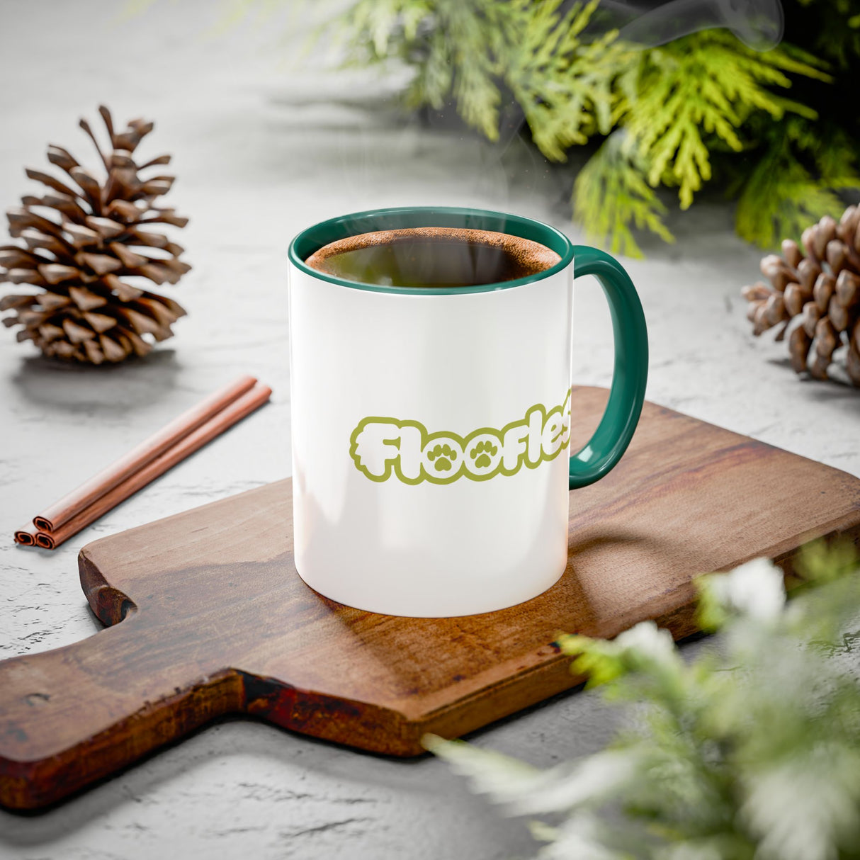 “Hang In There” Adorable Woodland Creature Green Accent Mug – Floofles by Brandon Ellis