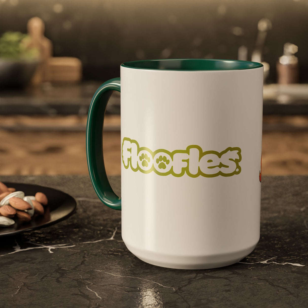 “Hang In There” Adorable Woodland Creature Green Accent Mug – Floofles by Brandon Ellis