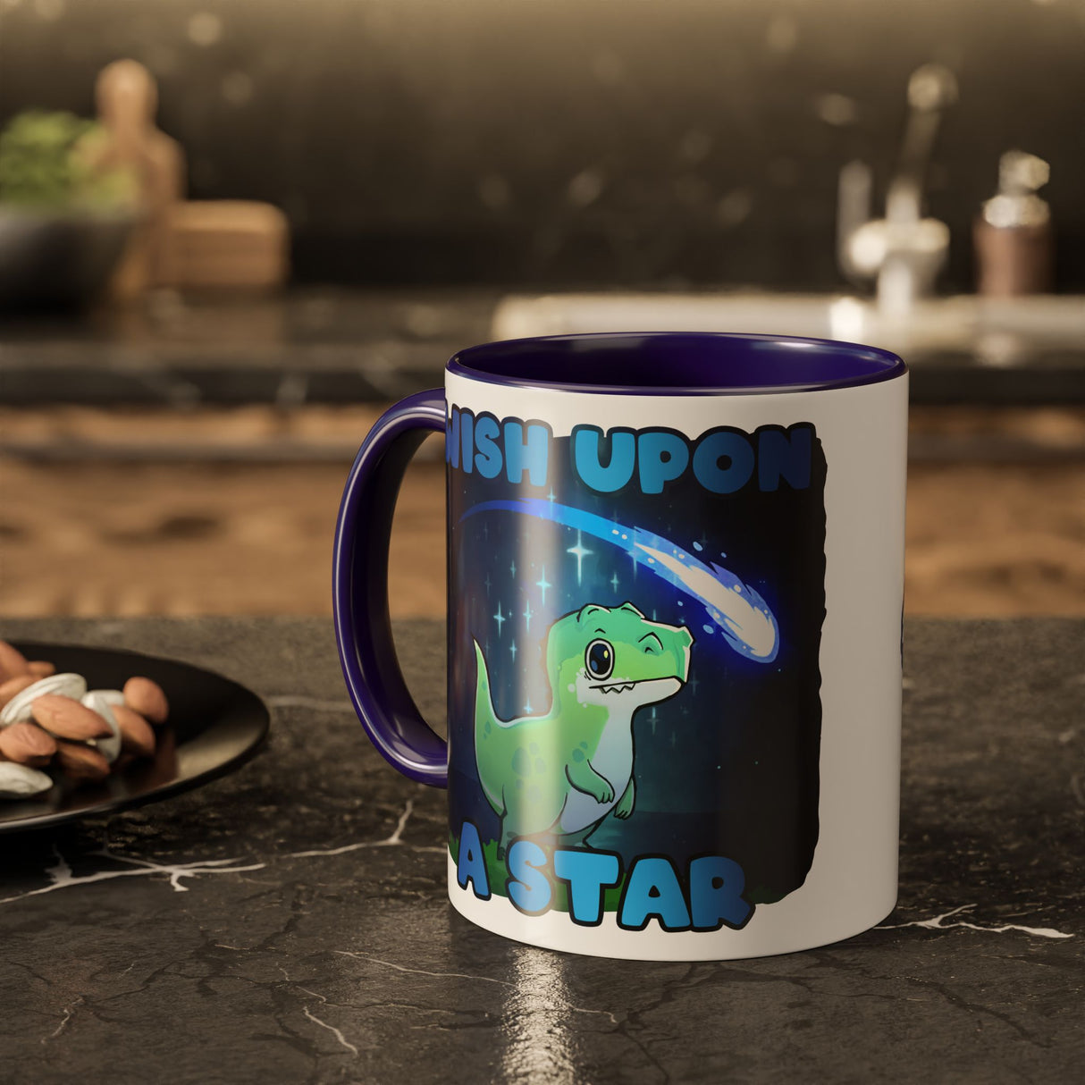 “Wish Upon a Star” Cute Dinosaur Blue Accent Mug – Floofles by Brandon Ellis