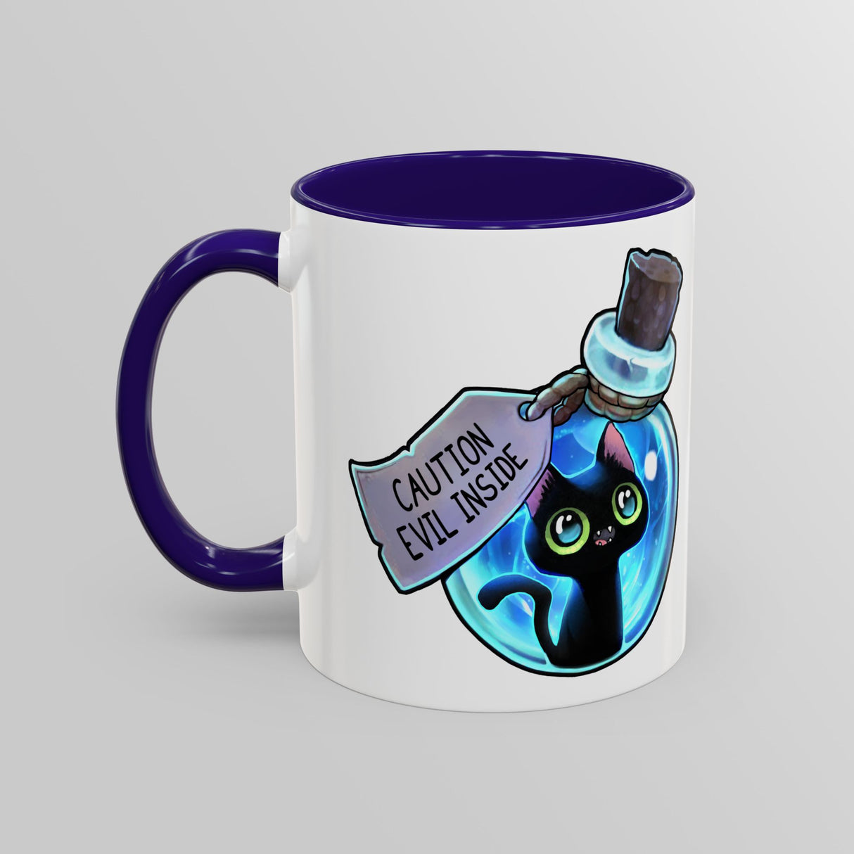 “Evil Inside” Mischievous Cat Blue Accent Mug – Floofles by Brandon Ellis