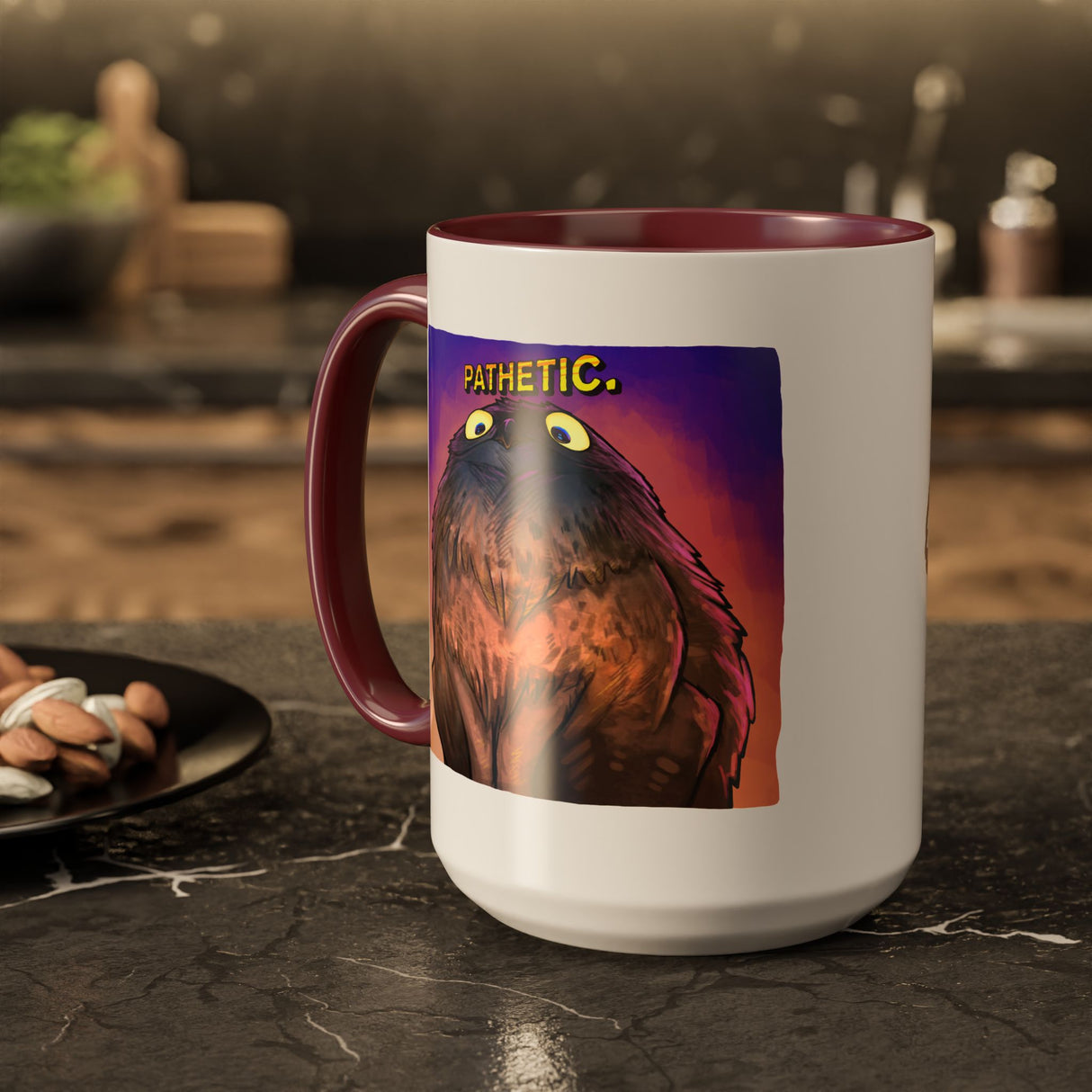 “Pathetic” Judgy Owl Maroon Accent Mug – Floofles by Brandon Ellis