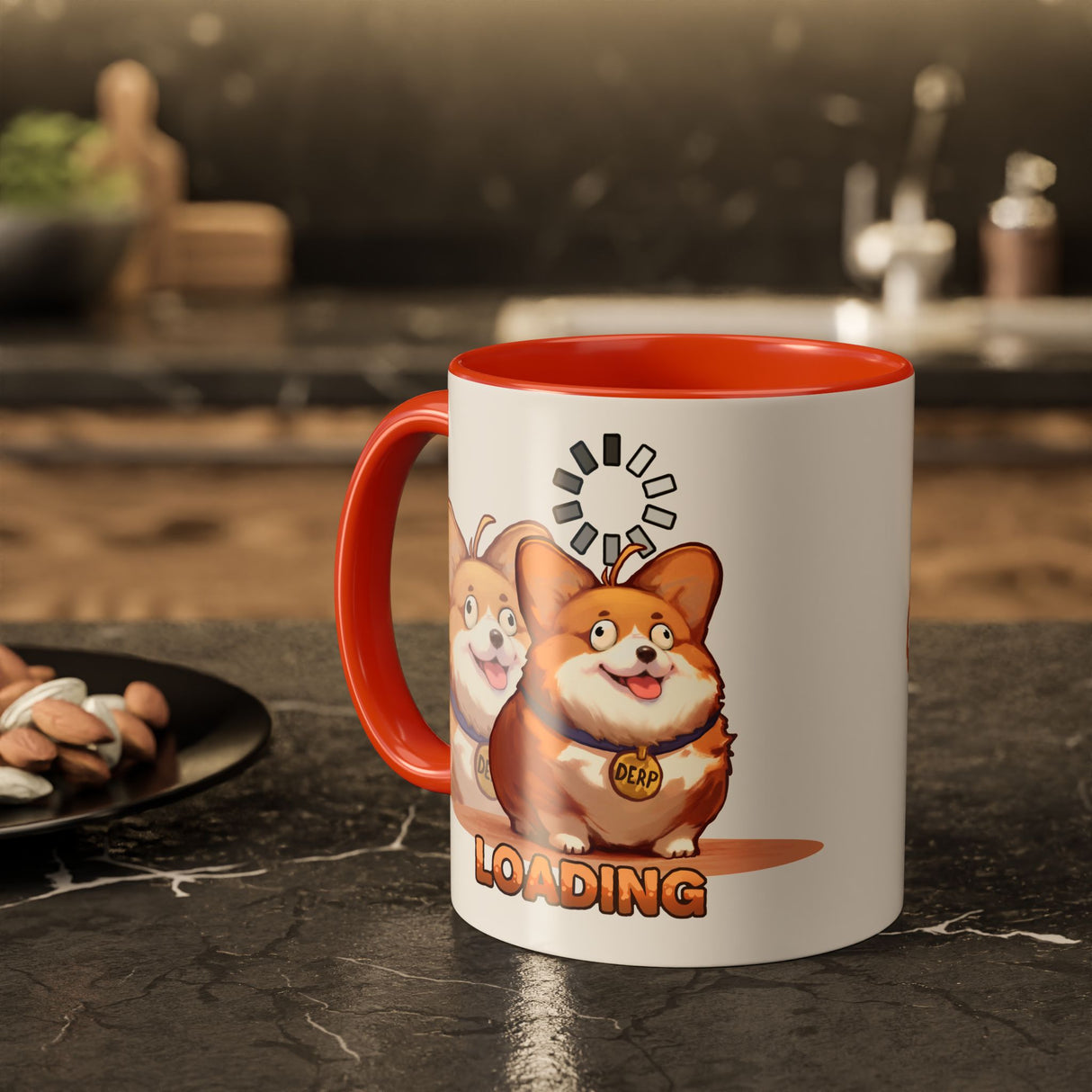 “Loading” Ditzy Corgi Orange Accent Mug – Floofles by Brandon Ellis