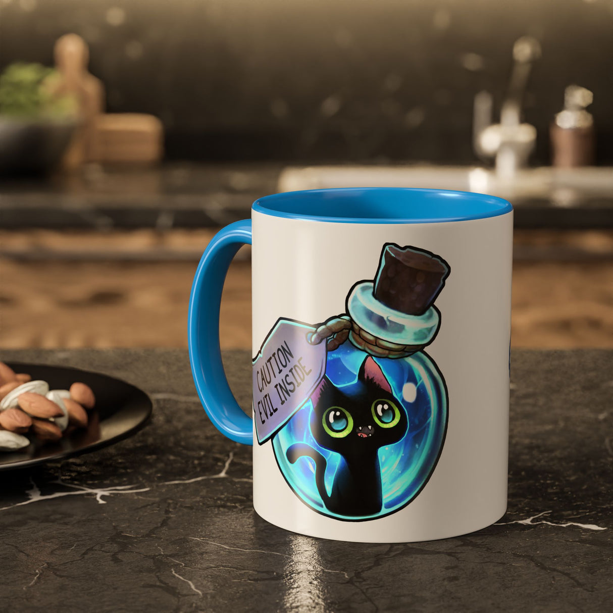 “Evil Inside” Mischievous Cat Blue Accent Mug – Floofles by Brandon Ellis