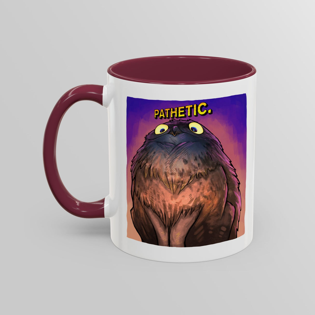 “Pathetic” Judgy Owl Maroon Accent Mug – Floofles by Brandon Ellis