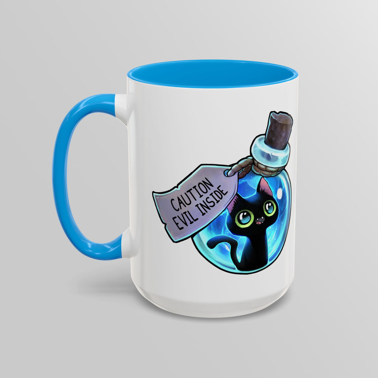 “Evil Inside” Mischievous Cat Blue Accent Mug – Floofles by Brandon Ellis