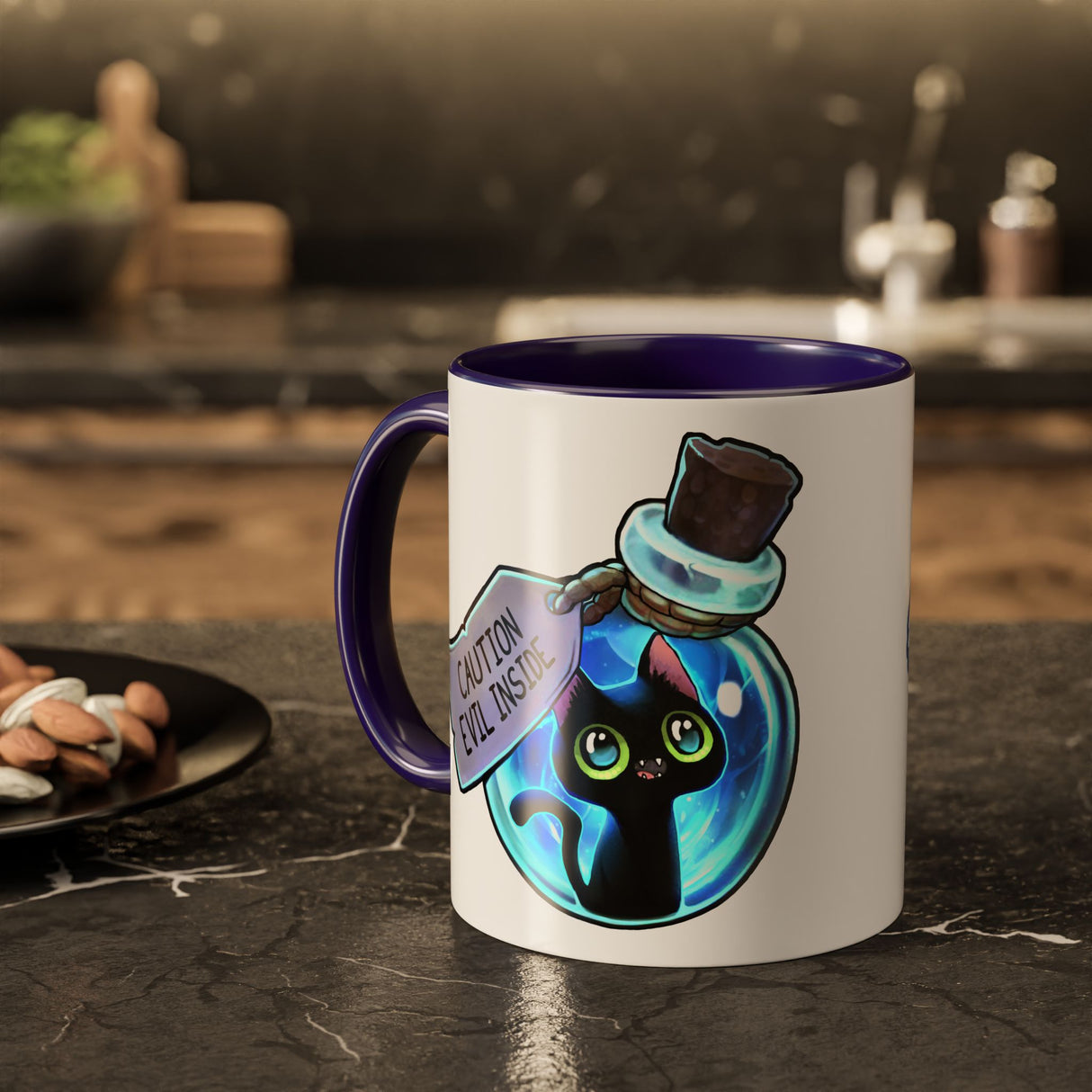 “Evil Inside” Mischievous Cat Blue Accent Mug – Floofles by Brandon Ellis