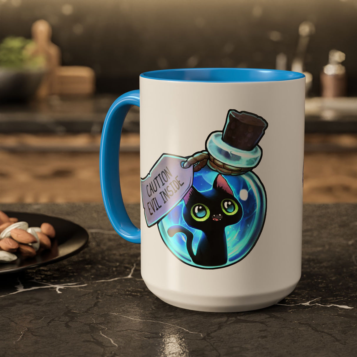 “Evil Inside” Mischievous Cat Blue Accent Mug – Floofles by Brandon Ellis
