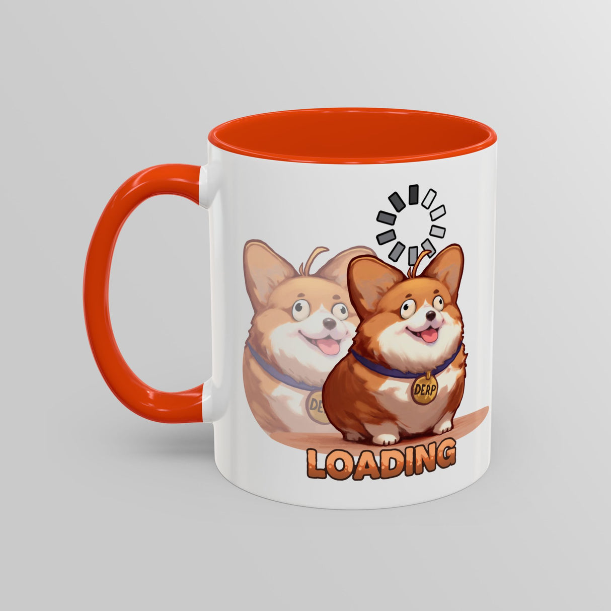 “Loading” Ditzy Corgi Orange Accent Mug – Floofles by Brandon Ellis