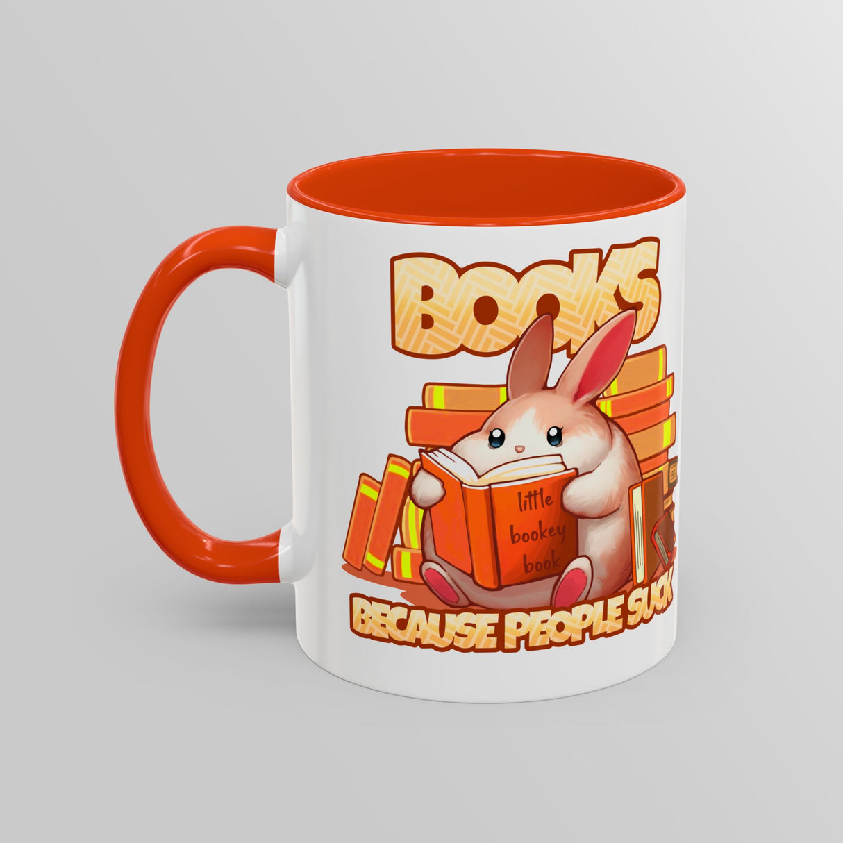 “Books, Because People Suck” Bunny Orange Accent Mug – Floofles by Brandon Ellis
