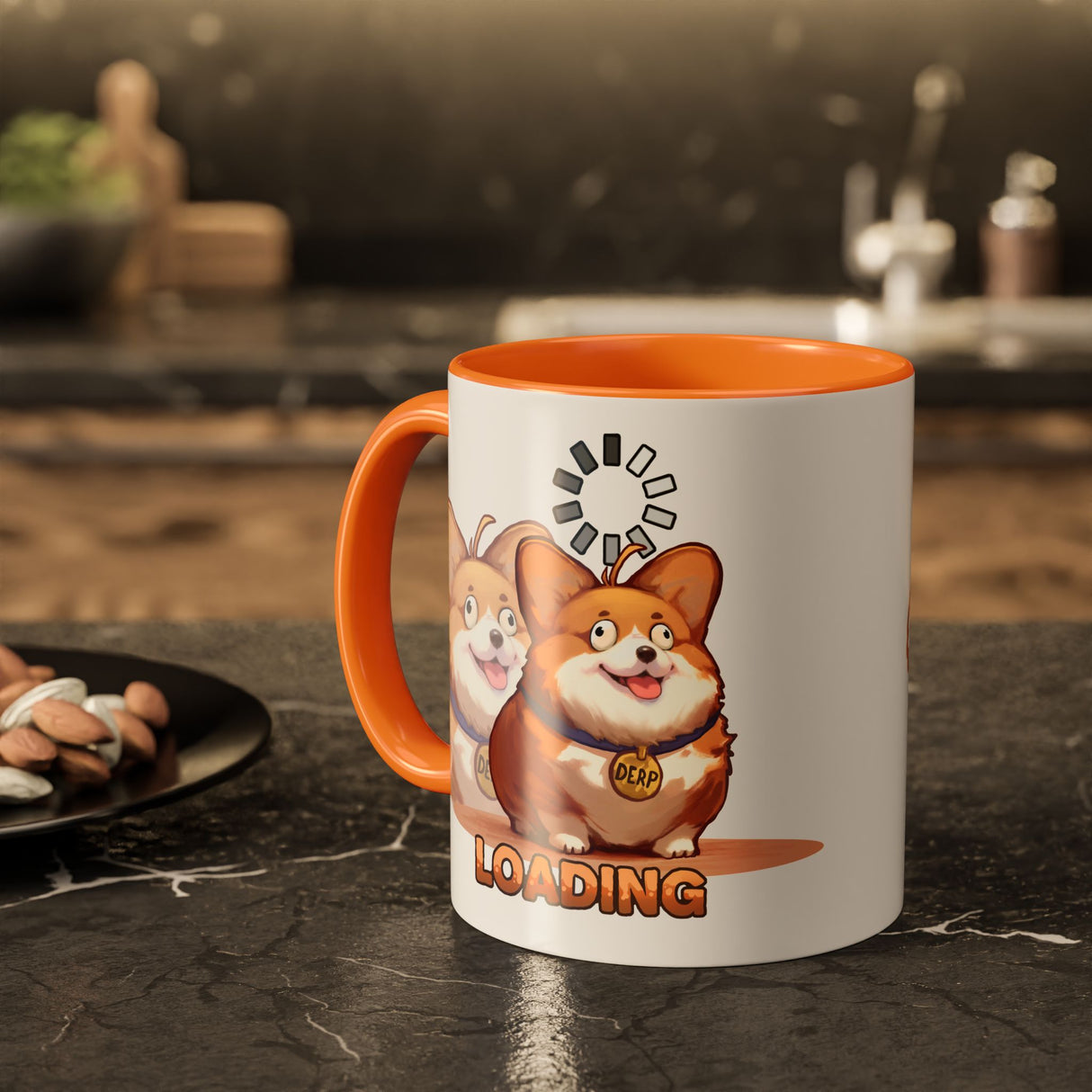 “Loading” Ditzy Corgi Orange Accent Mug – Floofles by Brandon Ellis