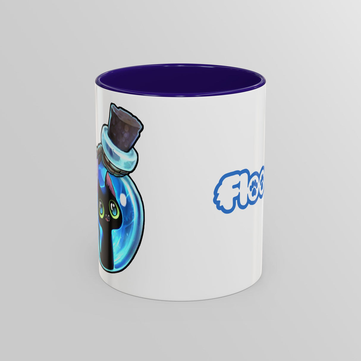 “Evil Inside” Mischievous Cat Blue Accent Mug – Floofles by Brandon Ellis
