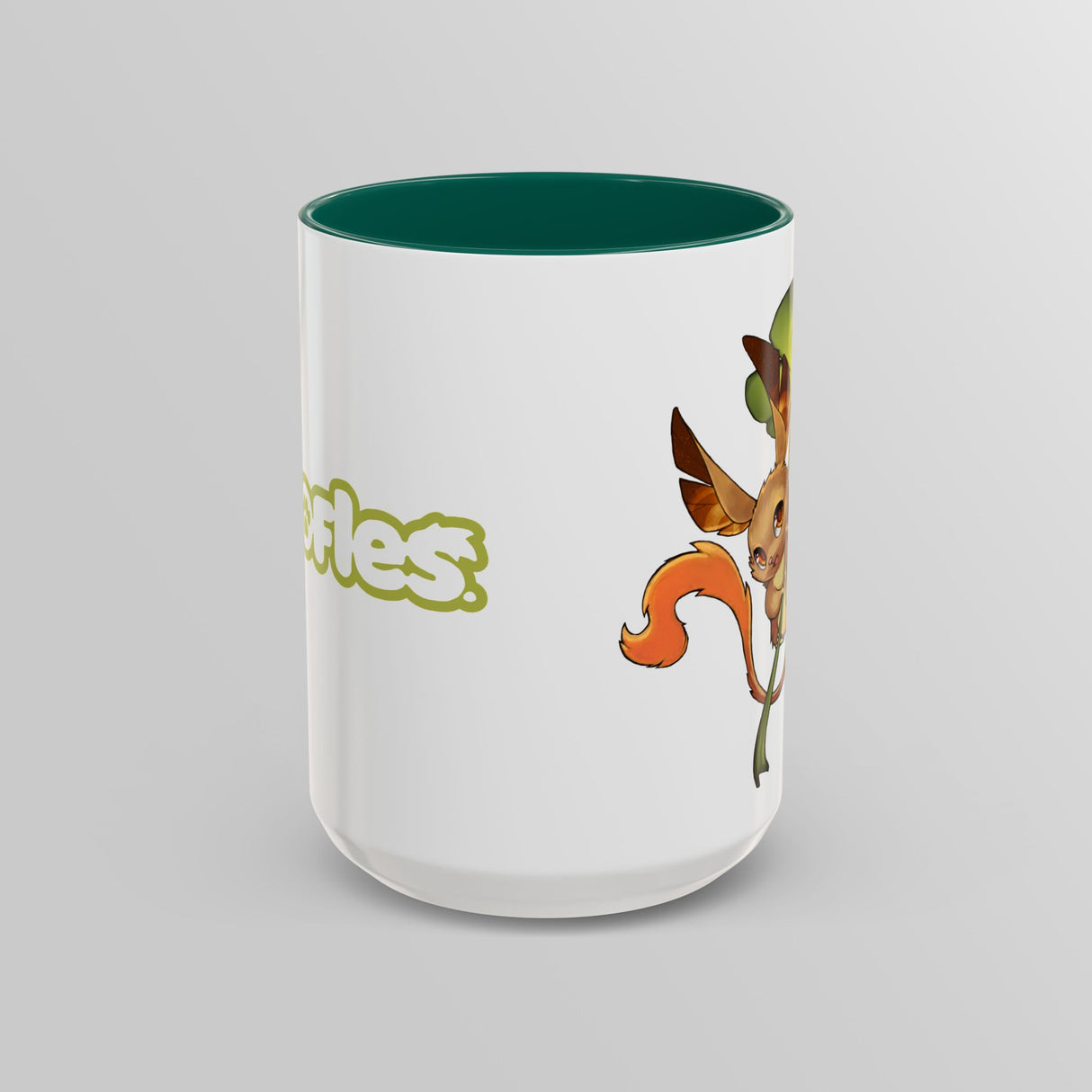 “Hang In There” Adorable Woodland Creature Green Accent Mug – Floofles by Brandon Ellis