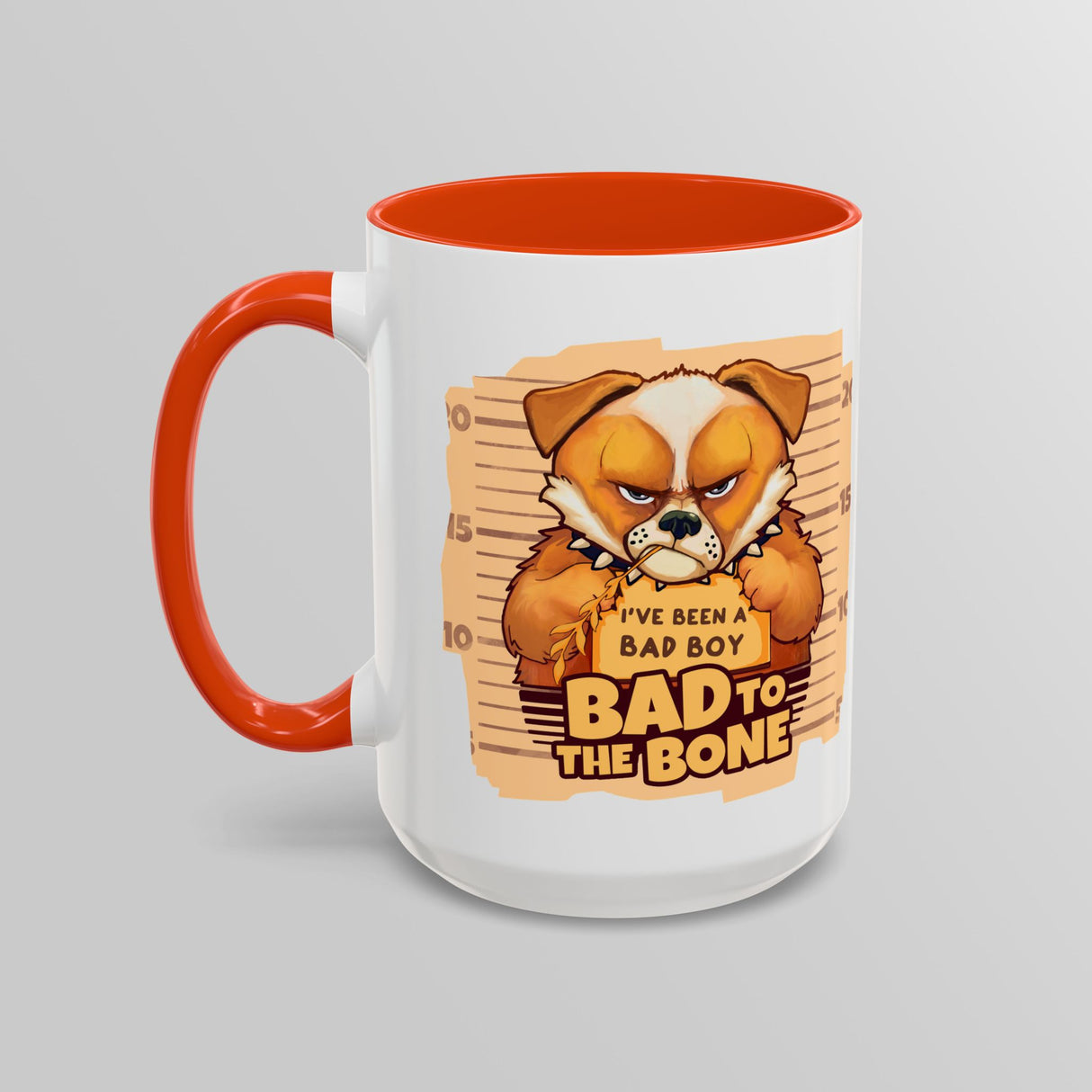“Bad To The Bone” Grumpy Bulldog Orange Accent Mug – Floofles by Brandon Ellis