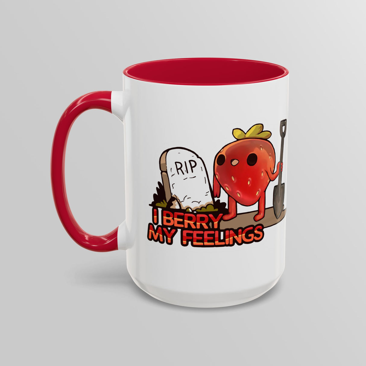 “I Berry My Feelings” Shady Strawberry Red Accent Mug – Floofles by Brandon Ellis