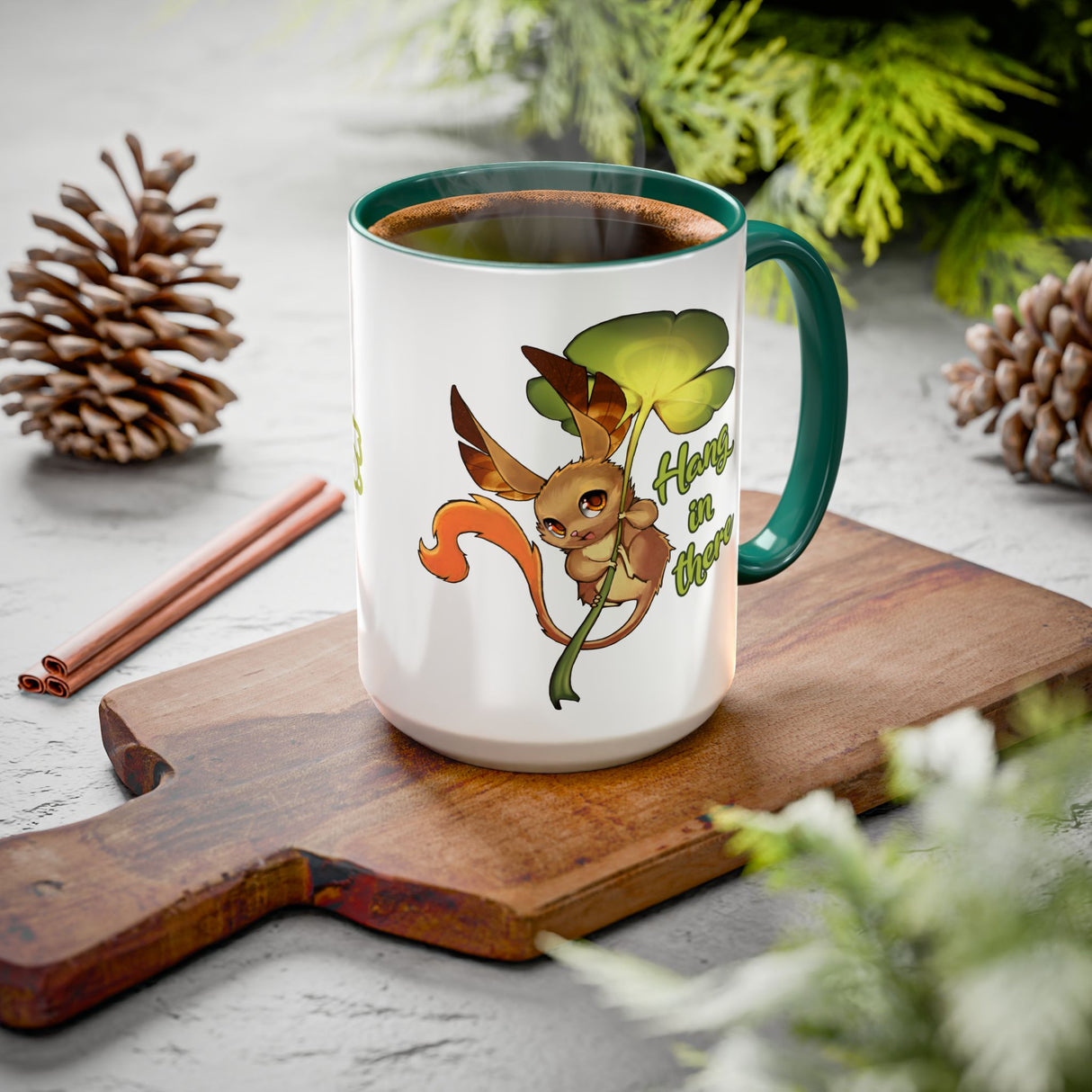 “Hang In There” Adorable Woodland Creature Green Accent Mug – Floofles by Brandon Ellis