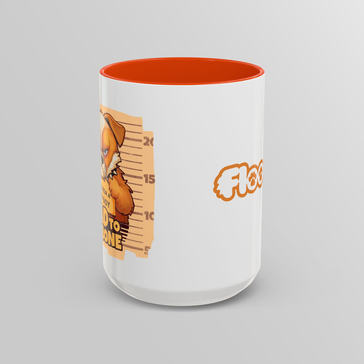 “Bad To The Bone” Grumpy Bulldog Orange Accent Mug – Floofles by Brandon Ellis