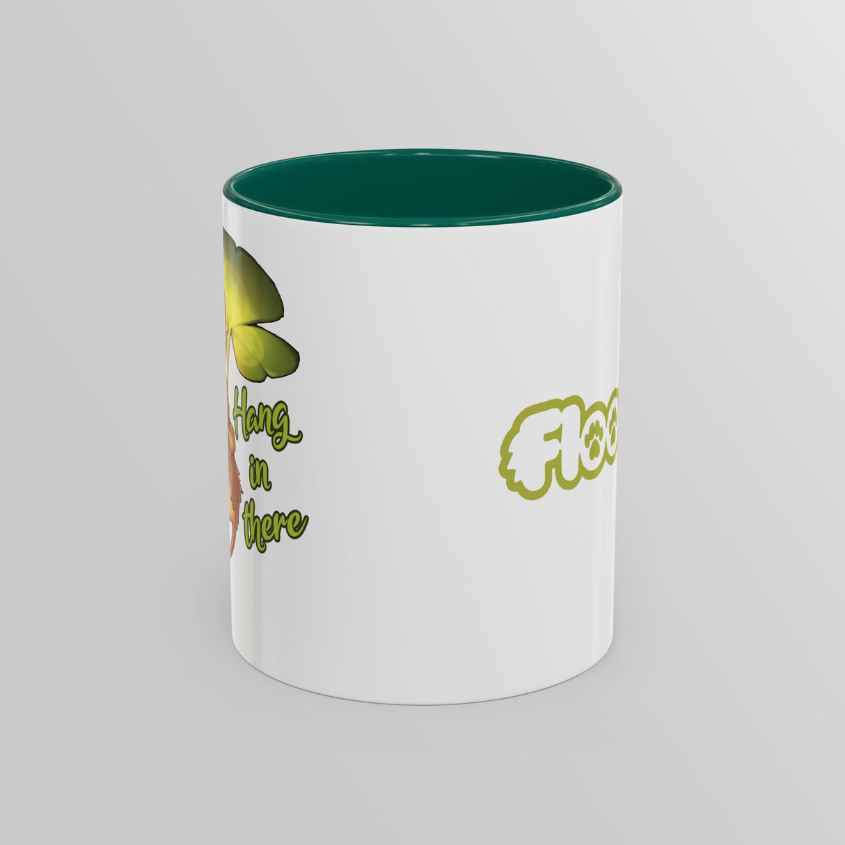 “Hang In There” Adorable Woodland Creature Green Accent Mug – Floofles by Brandon Ellis