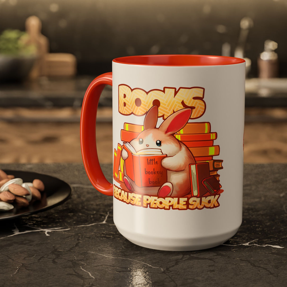 “Books, Because People Suck” Bunny Orange Accent Mug – Floofles by Brandon Ellis