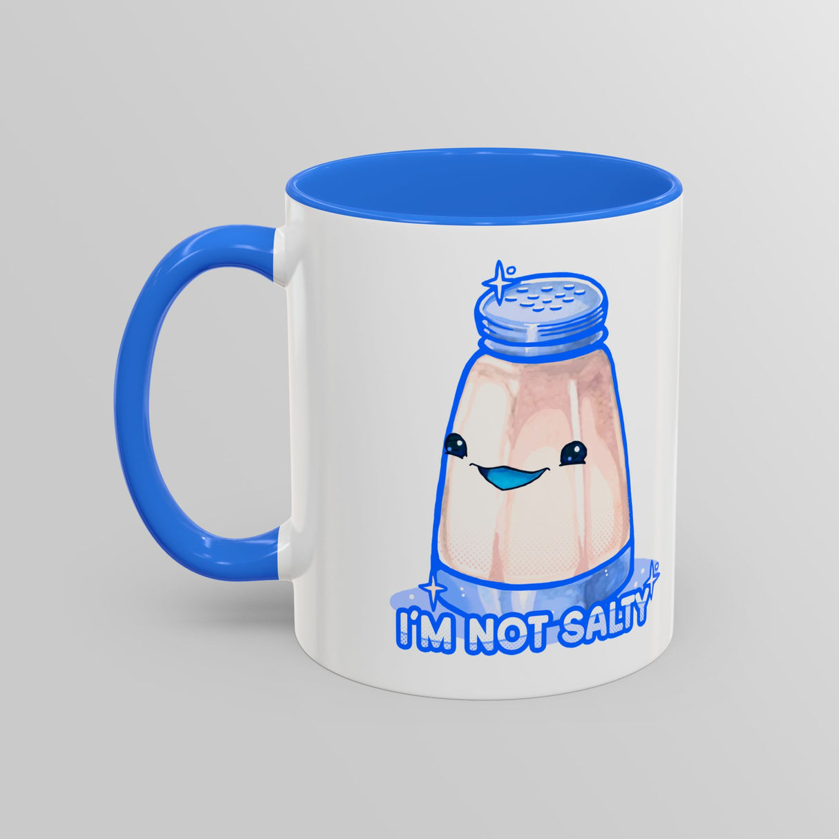 “I’m Not Salty” Cheeky Salt Shaker Blue Accent Mug – Floofles by Brandon Ellis