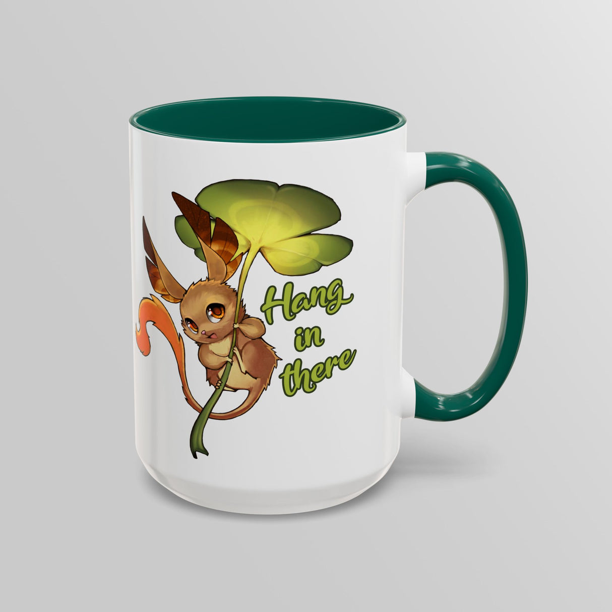 “Hang In There” Adorable Woodland Creature Green Accent Mug – Floofles by Brandon Ellis