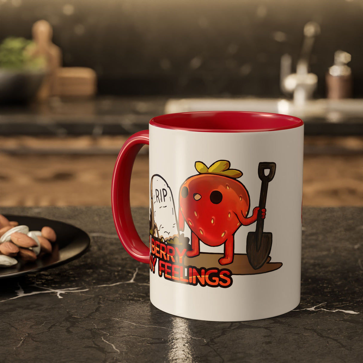 “I Berry My Feelings” Shady Strawberry Red Accent Mug – Floofles by Brandon Ellis