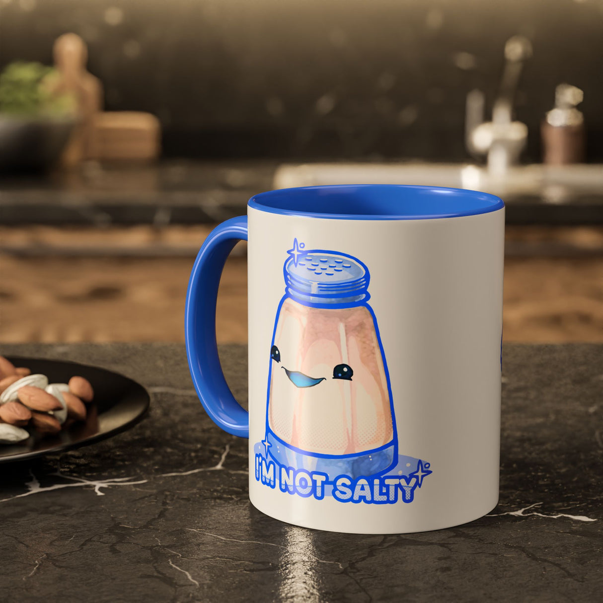 “I’m Not Salty” Cheeky Salt Shaker Blue Accent Mug – Floofles by Brandon Ellis