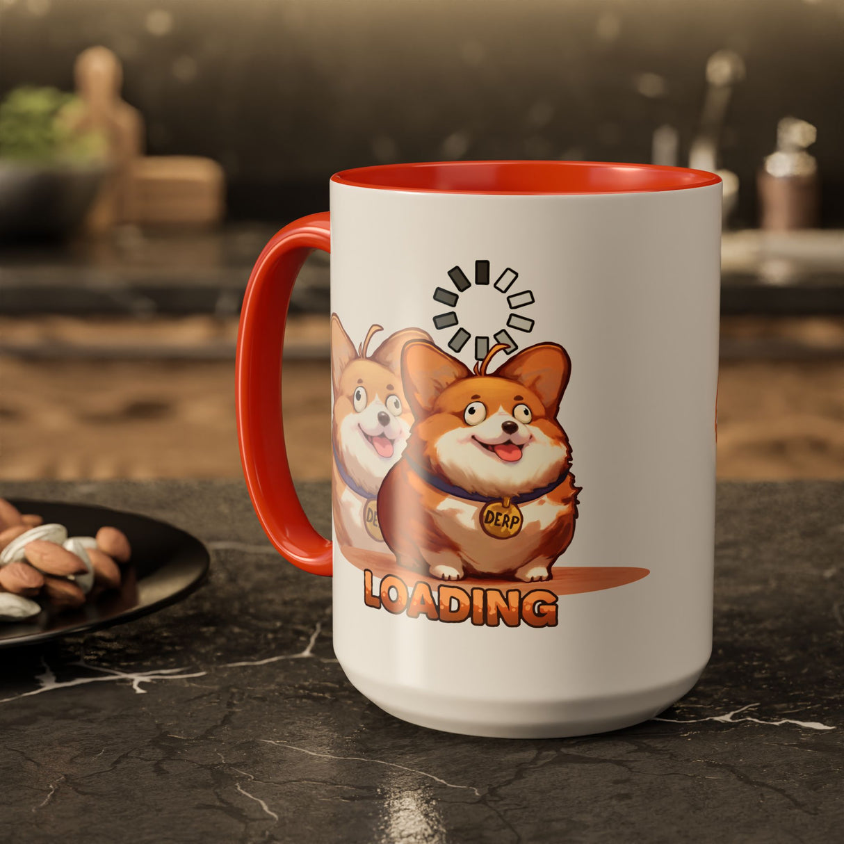 “Loading” Ditzy Corgi Orange Accent Mug – Floofles by Brandon Ellis