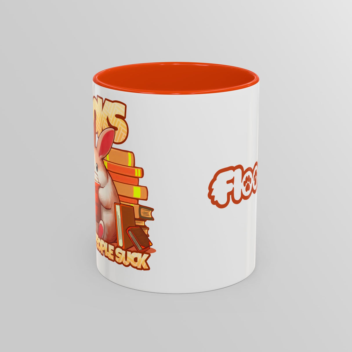 “Books, Because People Suck” Bunny Orange Accent Mug – Floofles by Brandon Ellis