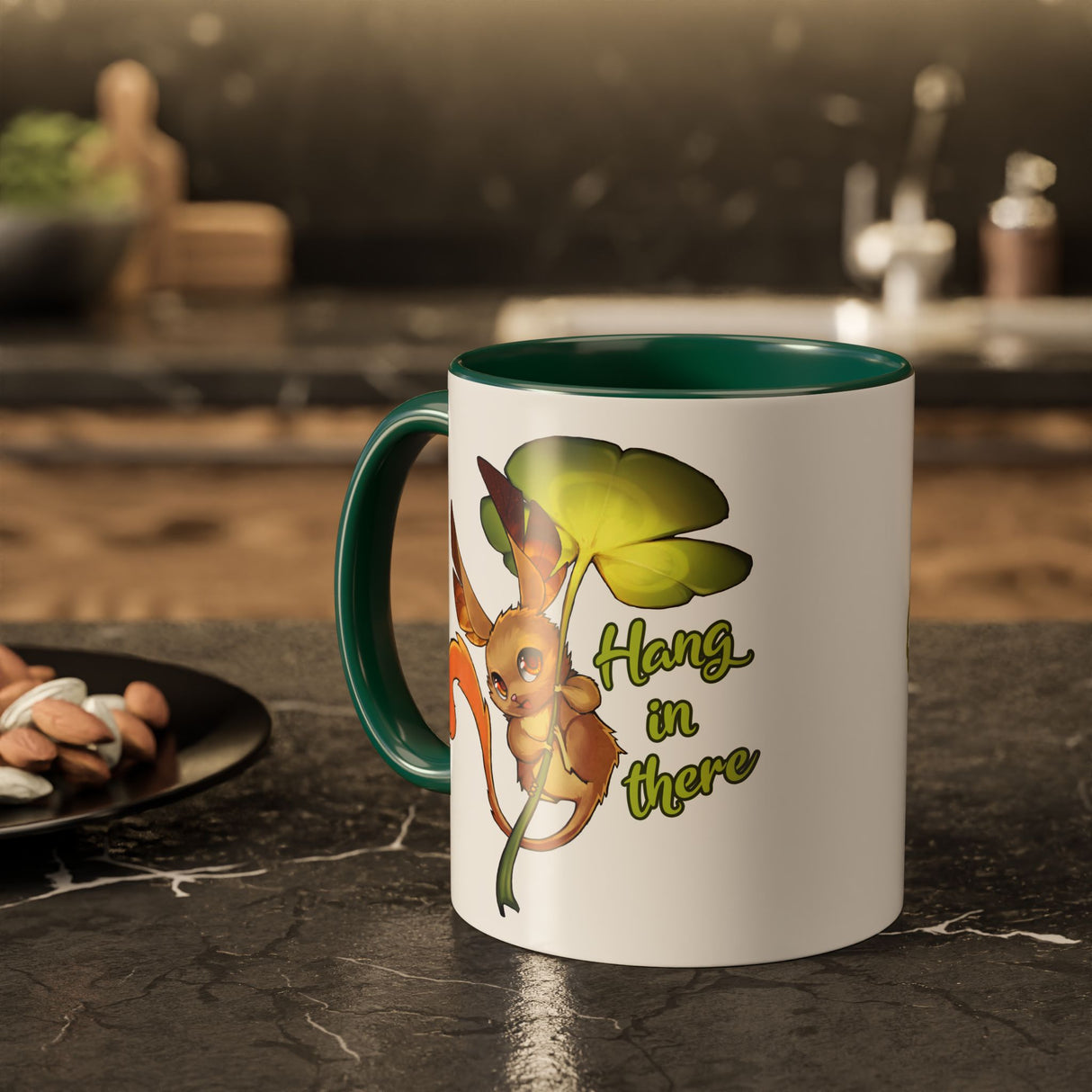 “Hang In There” Adorable Woodland Creature Green Accent Mug – Floofles by Brandon Ellis