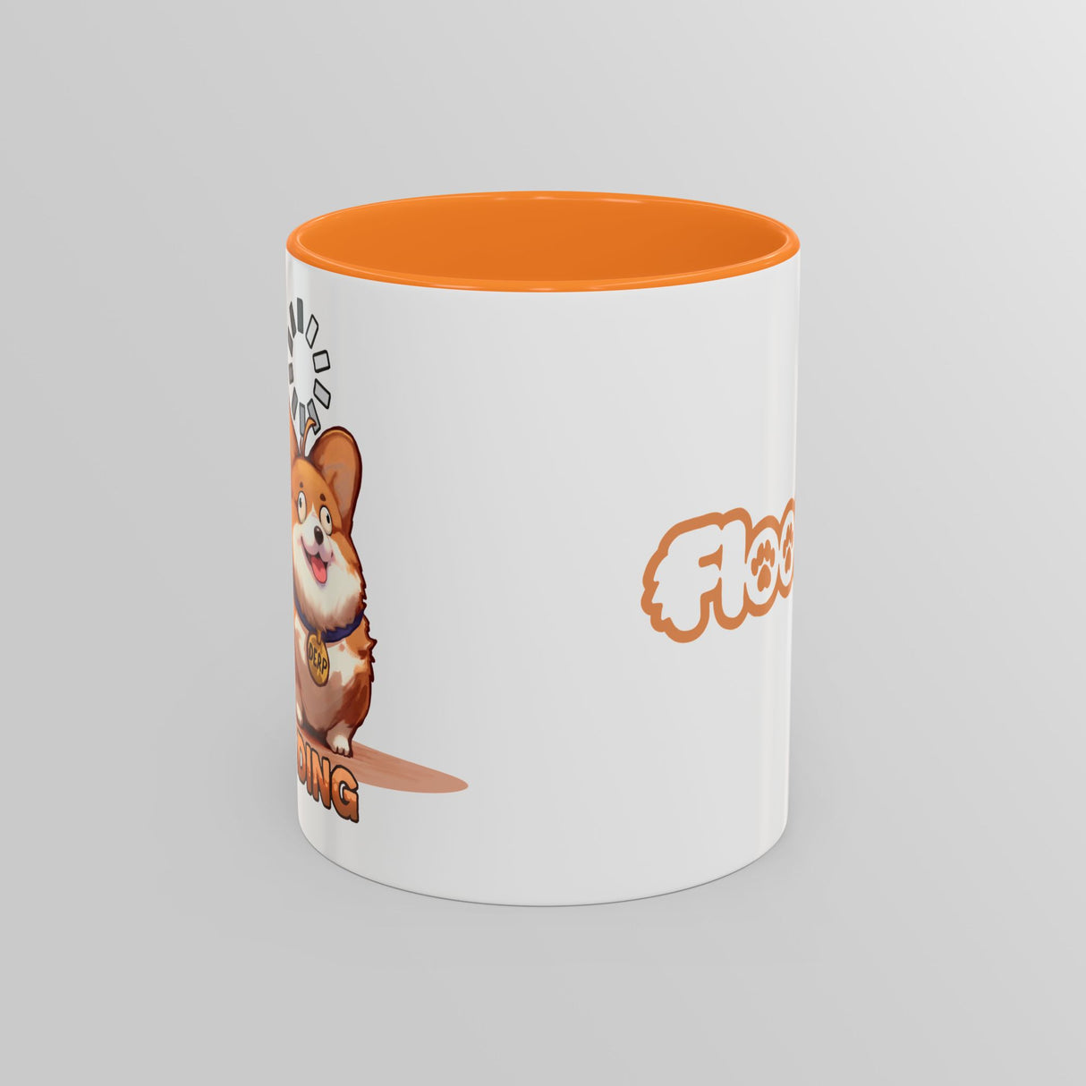 “Loading” Ditzy Corgi Orange Accent Mug – Floofles by Brandon Ellis
