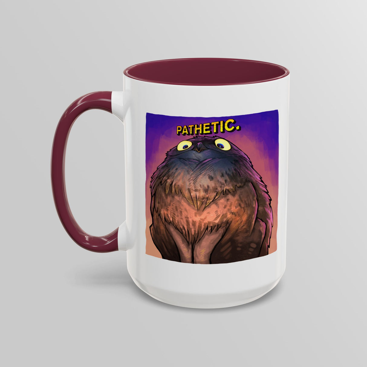 “Pathetic” Judgy Owl Maroon Accent Mug – Floofles by Brandon Ellis