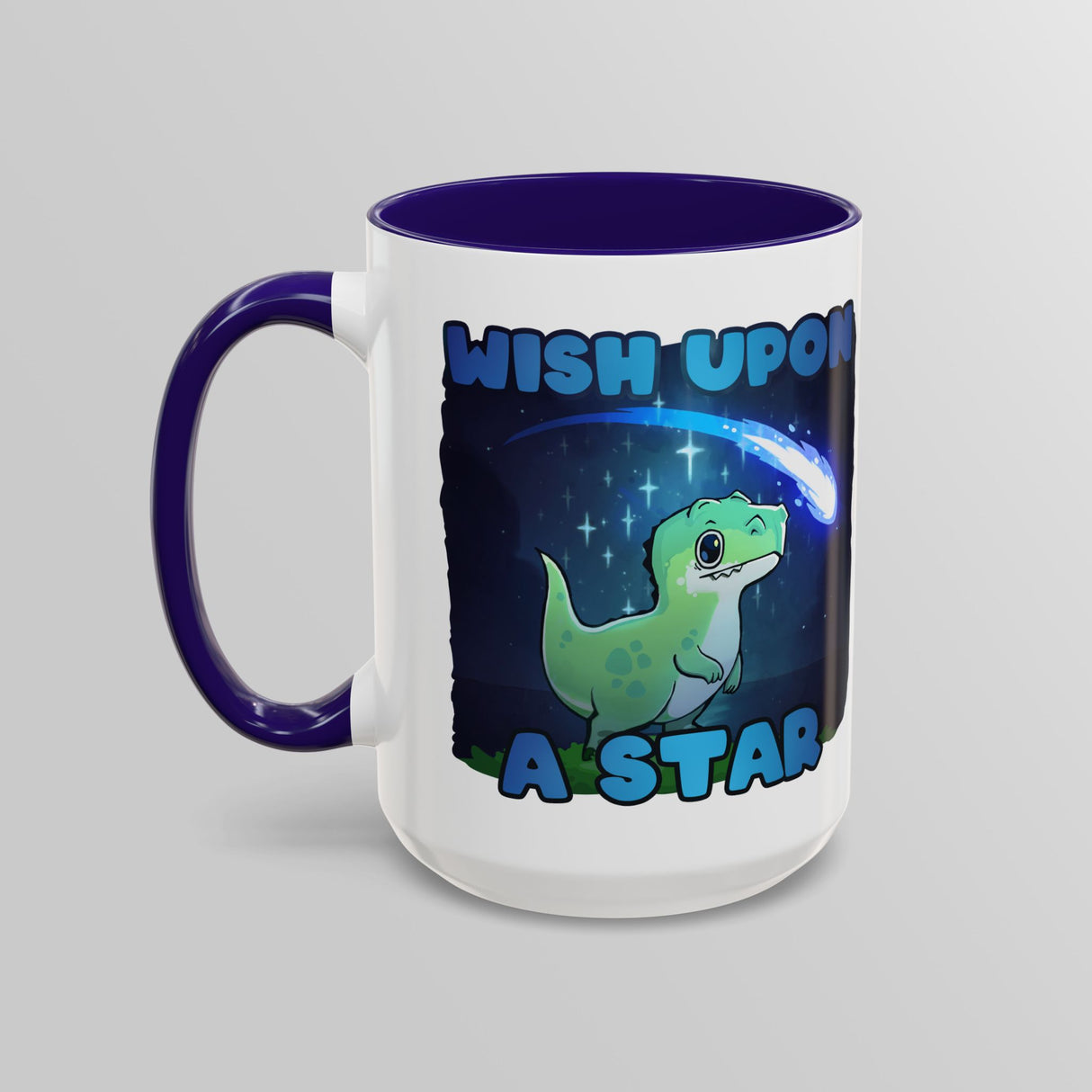 “Wish Upon a Star” Cute Dinosaur Blue Accent Mug – Floofles by Brandon Ellis