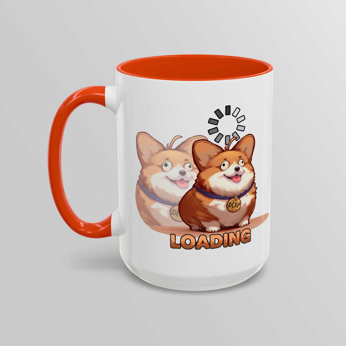 “Loading” Ditzy Corgi Orange Accent Mug – Floofles by Brandon Ellis