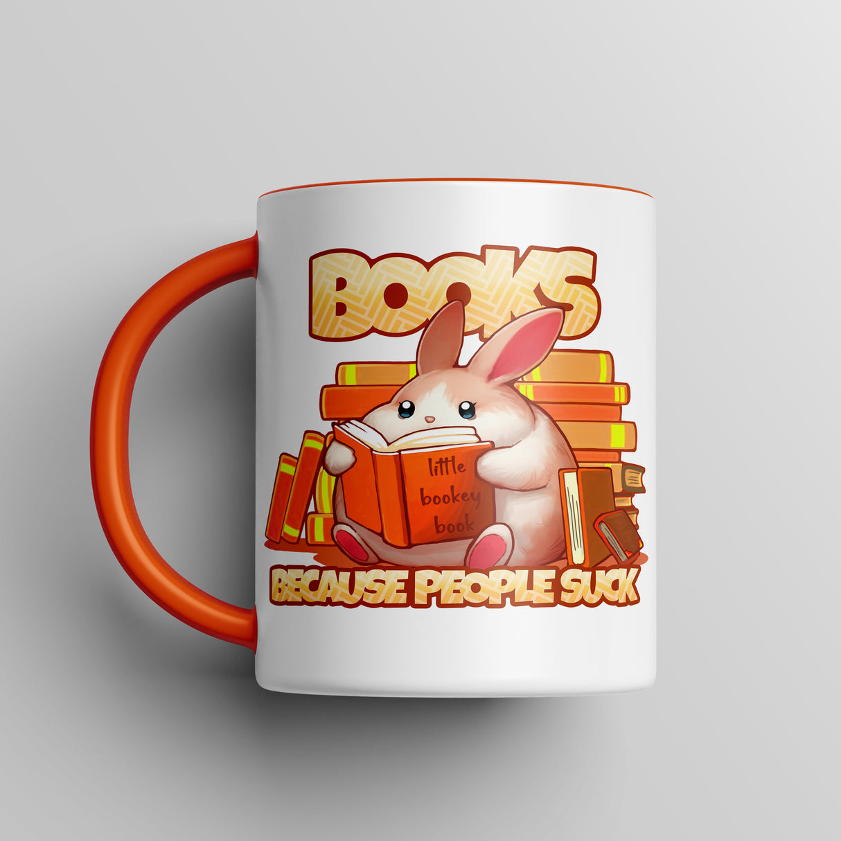 “Books, Because People Suck” Bunny Orange Accent Mug – Floofles by Brandon Ellis