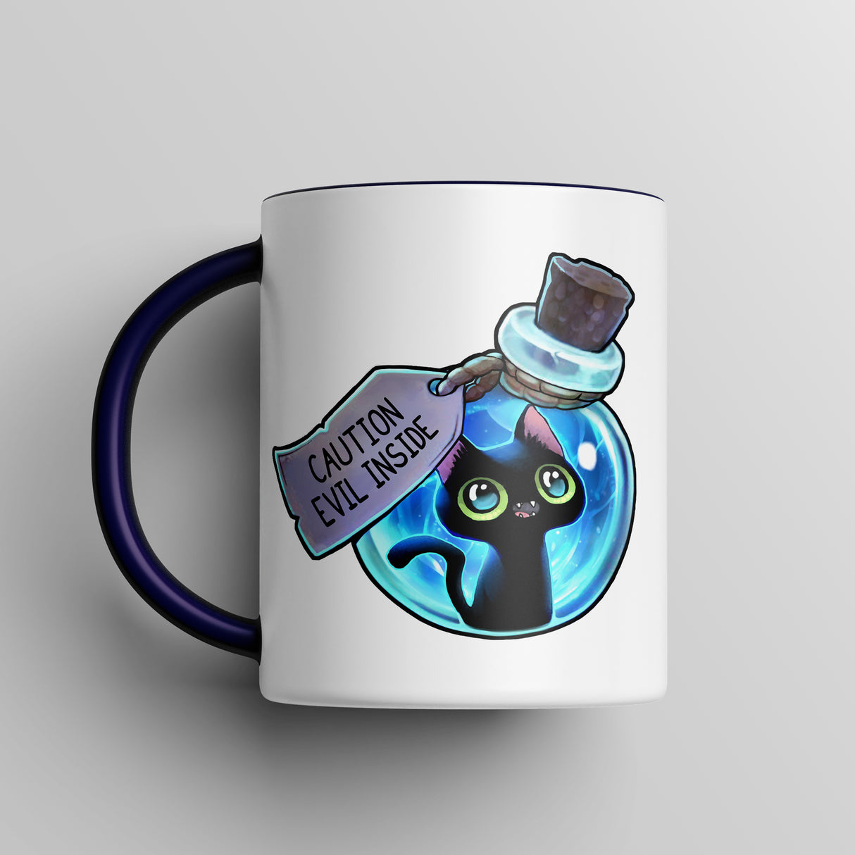 “Evil Inside” Mischievous Cat Blue Accent Mug – Floofles by Brandon Ellis