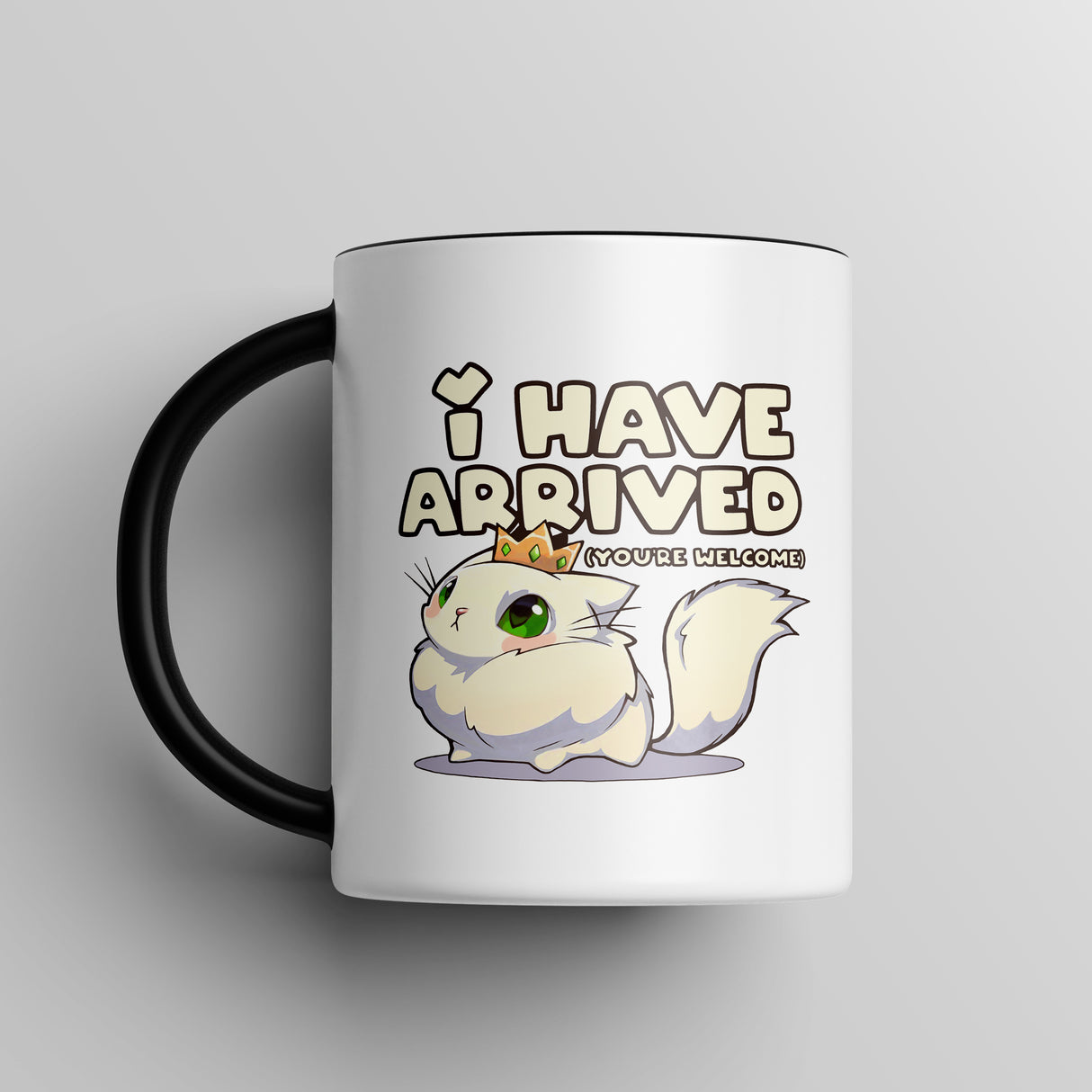 “I Have Arrived” Majestic Cat Black Accent Mug – Floofles by Brandon Ellis