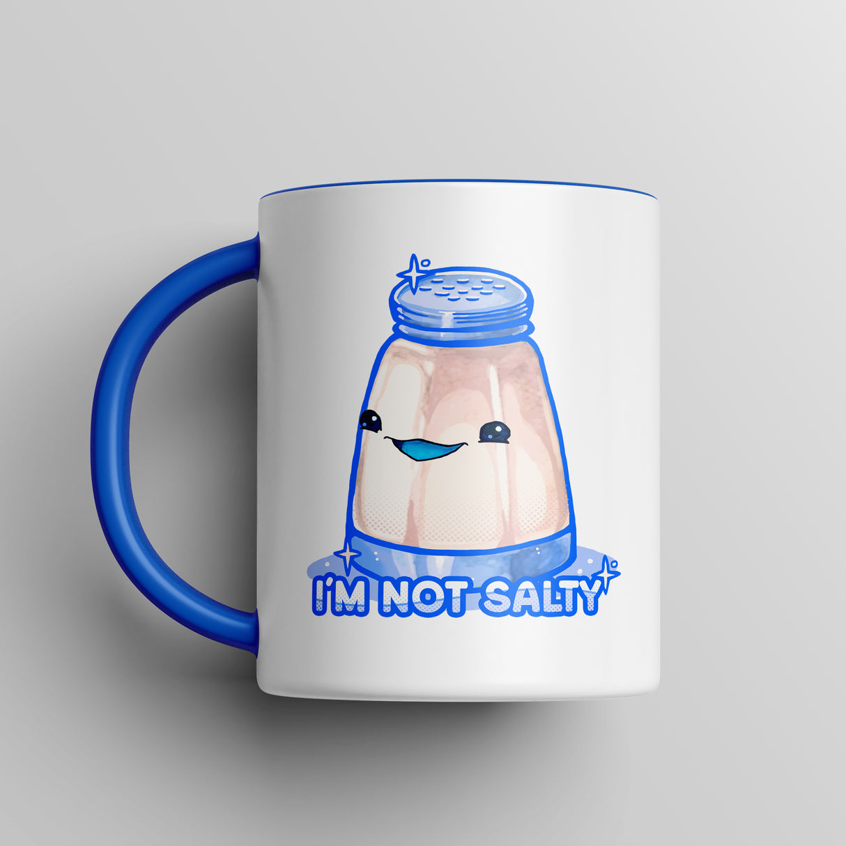 “I’m Not Salty” Cheeky Salt Shaker Blue Accent Mug – Floofles by Brandon Ellis