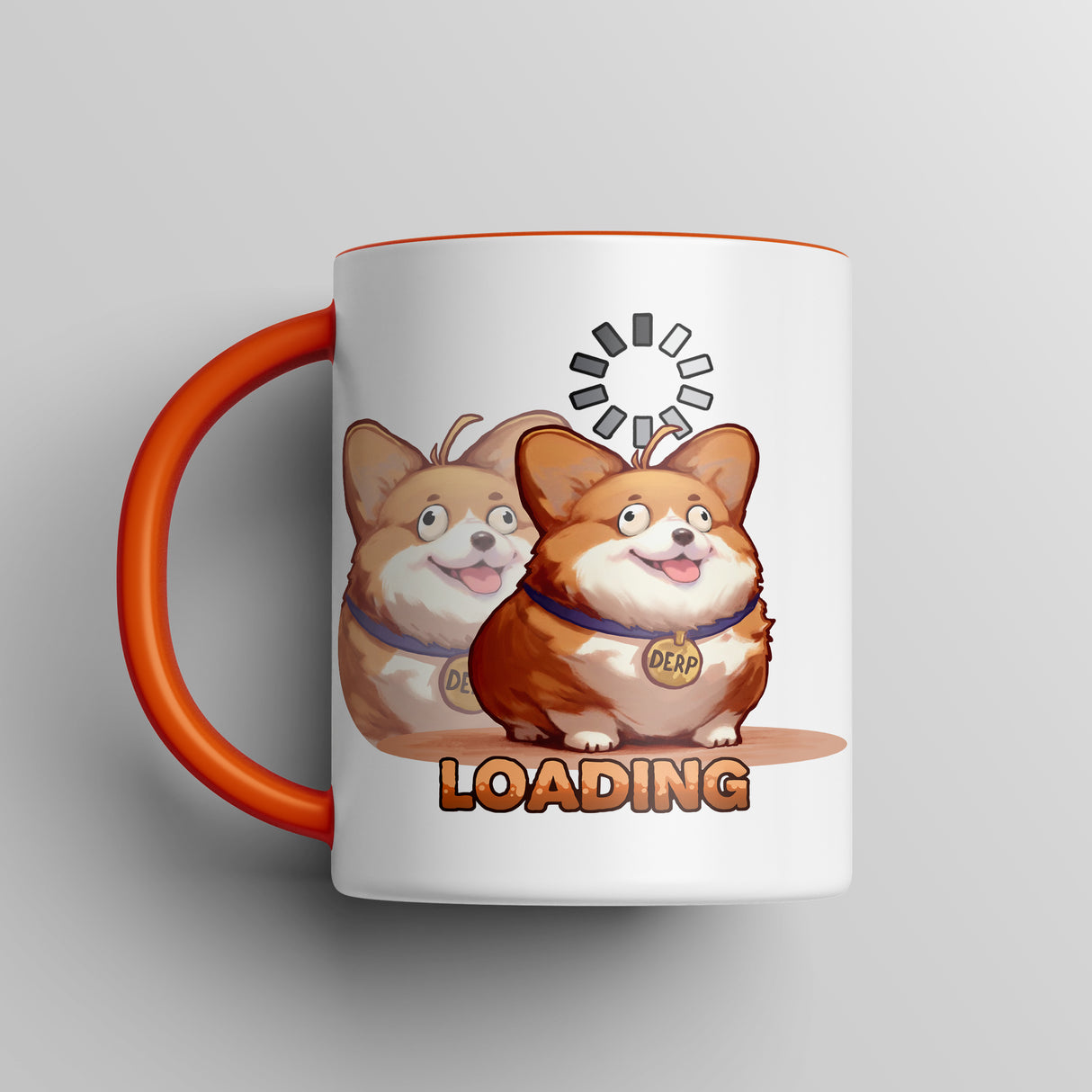 “Loading” Ditzy Corgi Orange Accent Mug – Floofles by Brandon Ellis