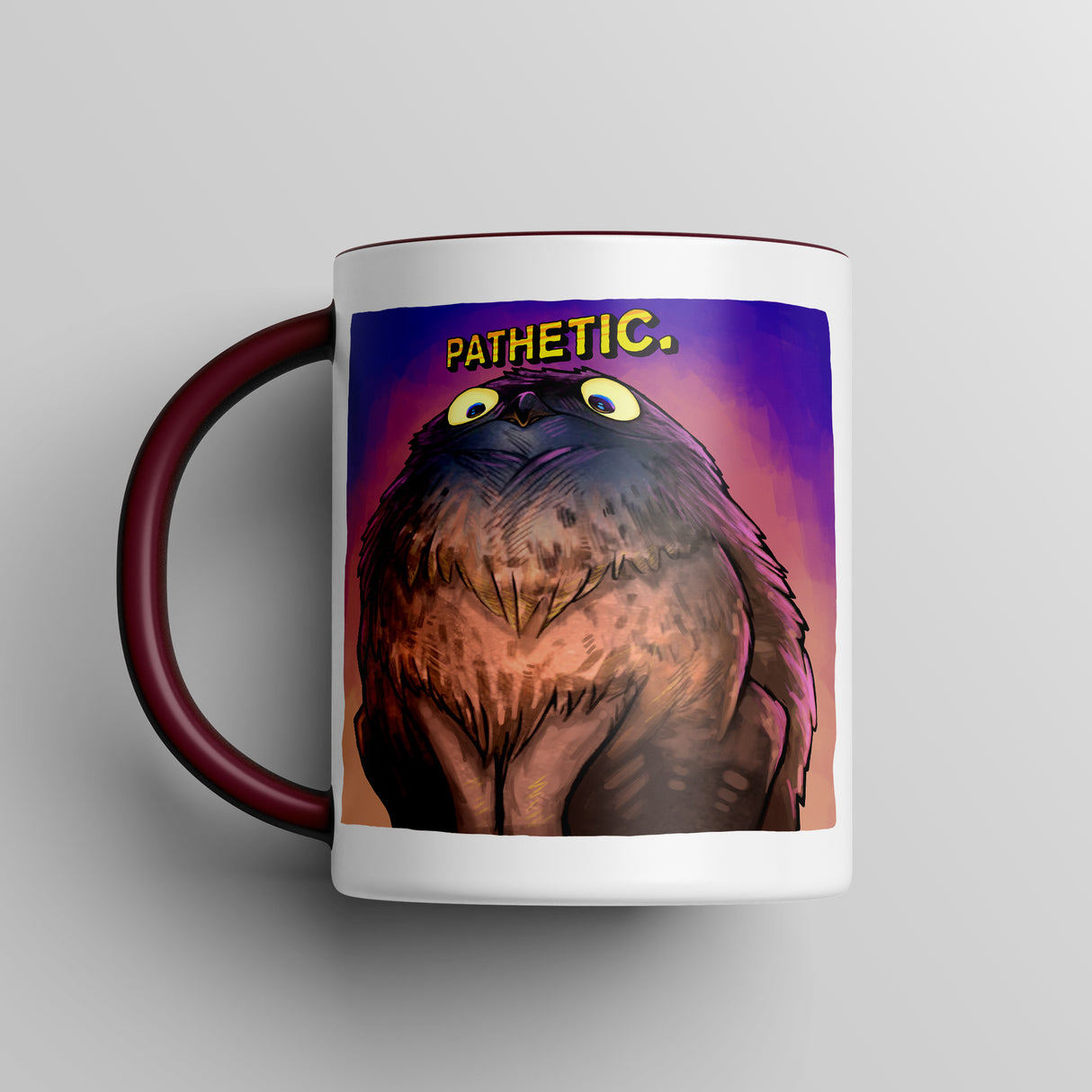 “Pathetic” Judgy Owl Maroon Accent Mug – Floofles by Brandon Ellis