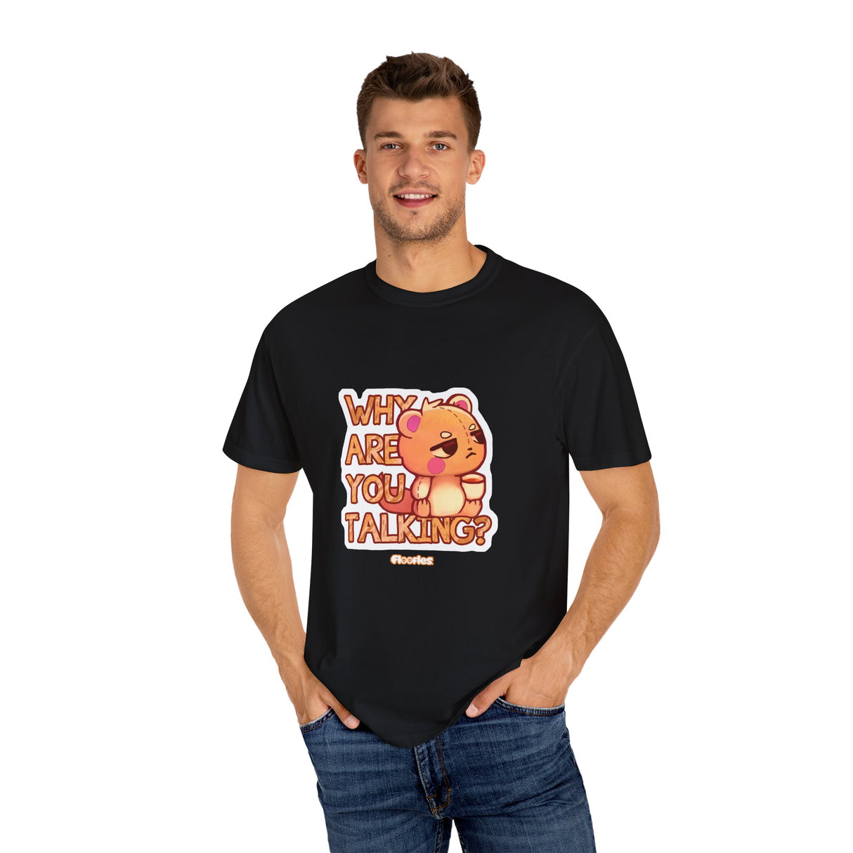 "Why Are You Talking?" Illustrated Grumpy Bear Unisex T-Shirt - Floofles by Brandon Ellis