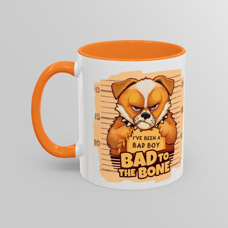 “Bad To The Bone” Grumpy Bulldog Orange Accent Mug – Floofles by Brandon Ellis