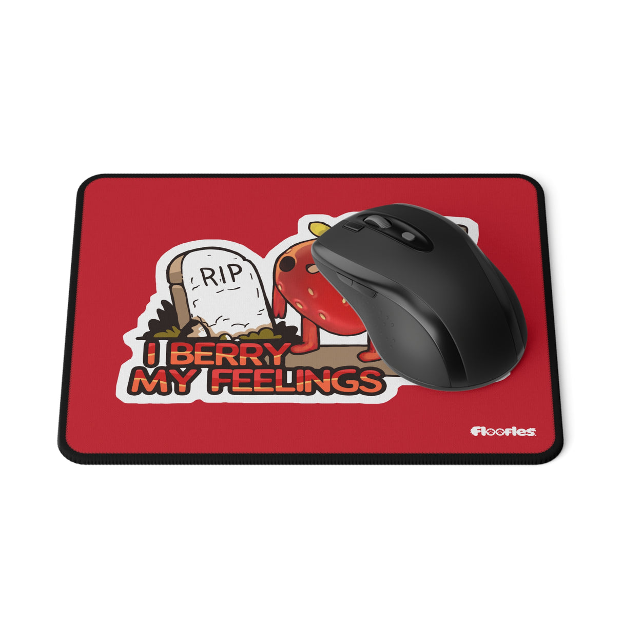 "I Berry My Feelings" Shady Strawberry Red Gaming Mouse Pad - Floofles by Brandon Ellis